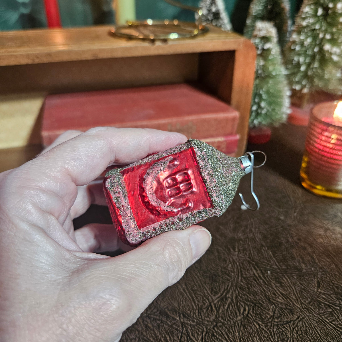 Red Glass Christmas House Ornament with Glittered Snow