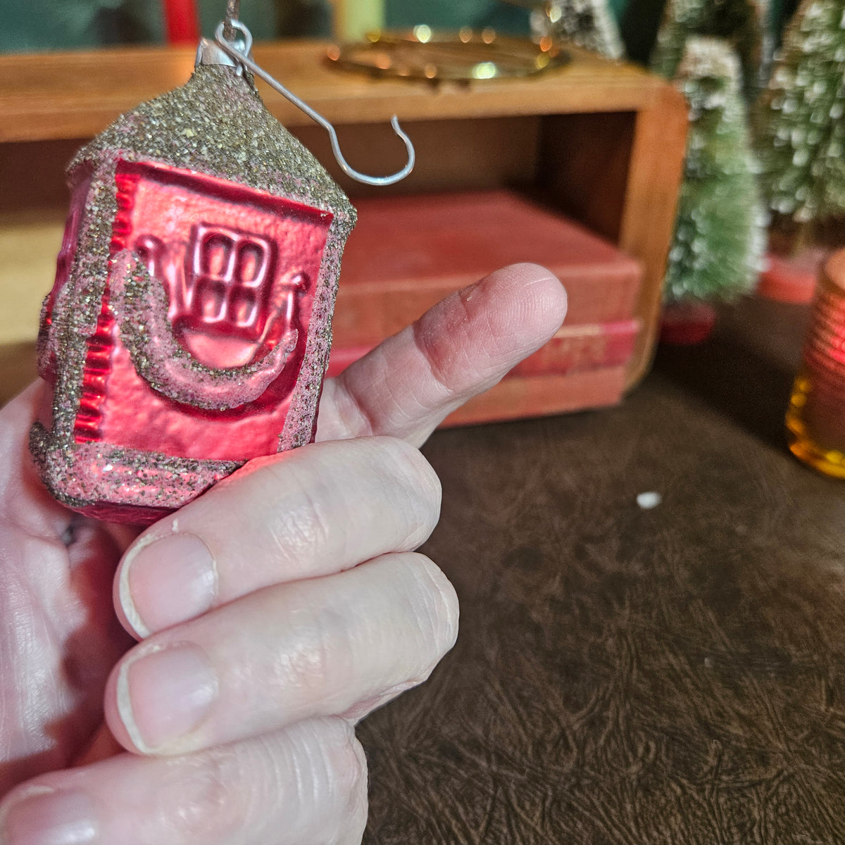 Red Glass Christmas House Ornament with Glittered Snow