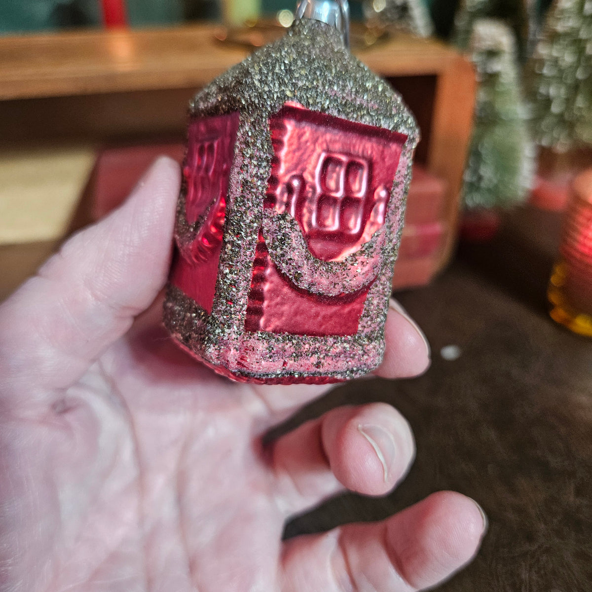 Red Glass Christmas House Ornament with Glittered Snow