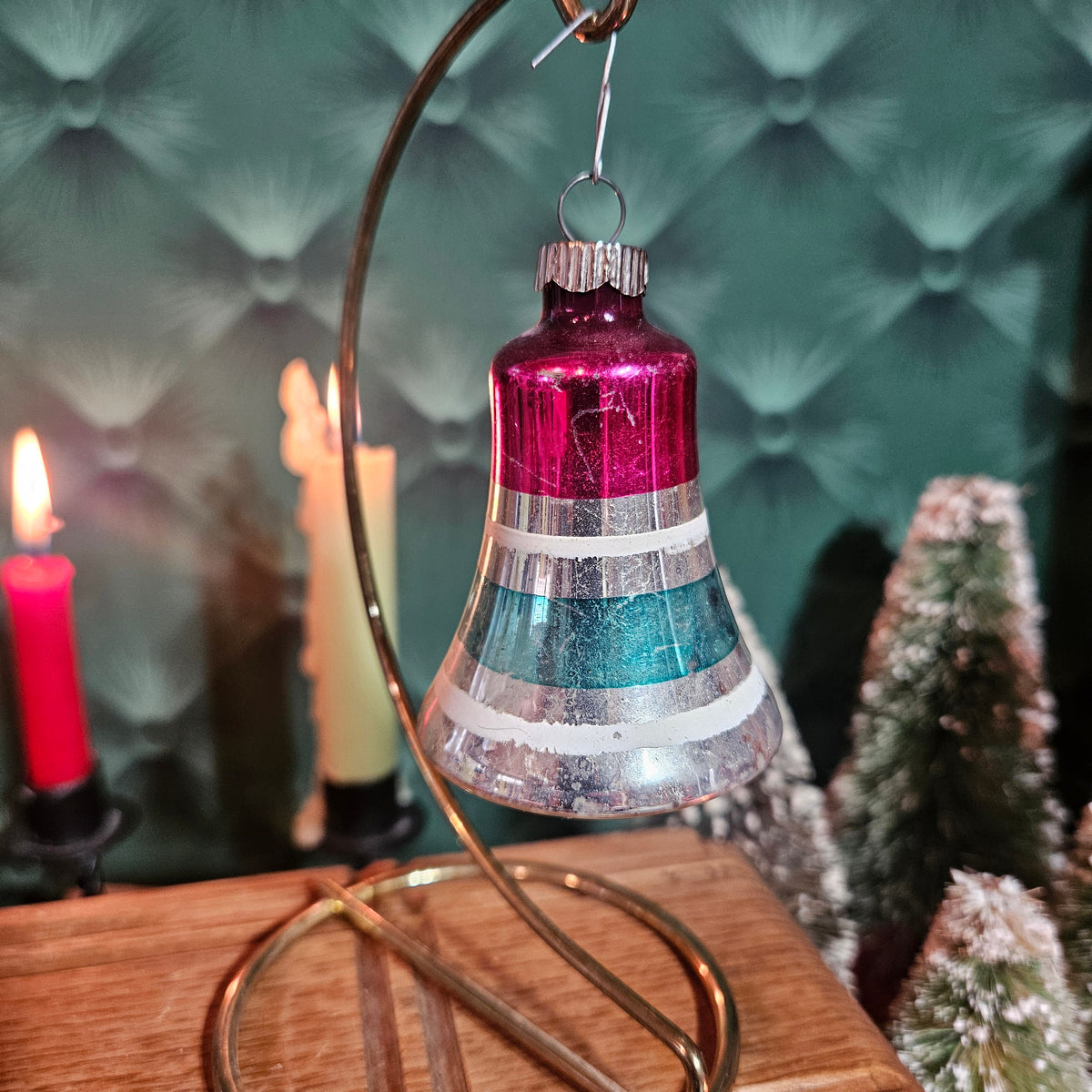 Red and Teal Striped Glass Bell Ornament
