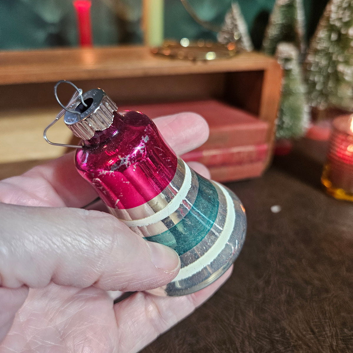 Red and Teal Striped Glass Bell Ornament