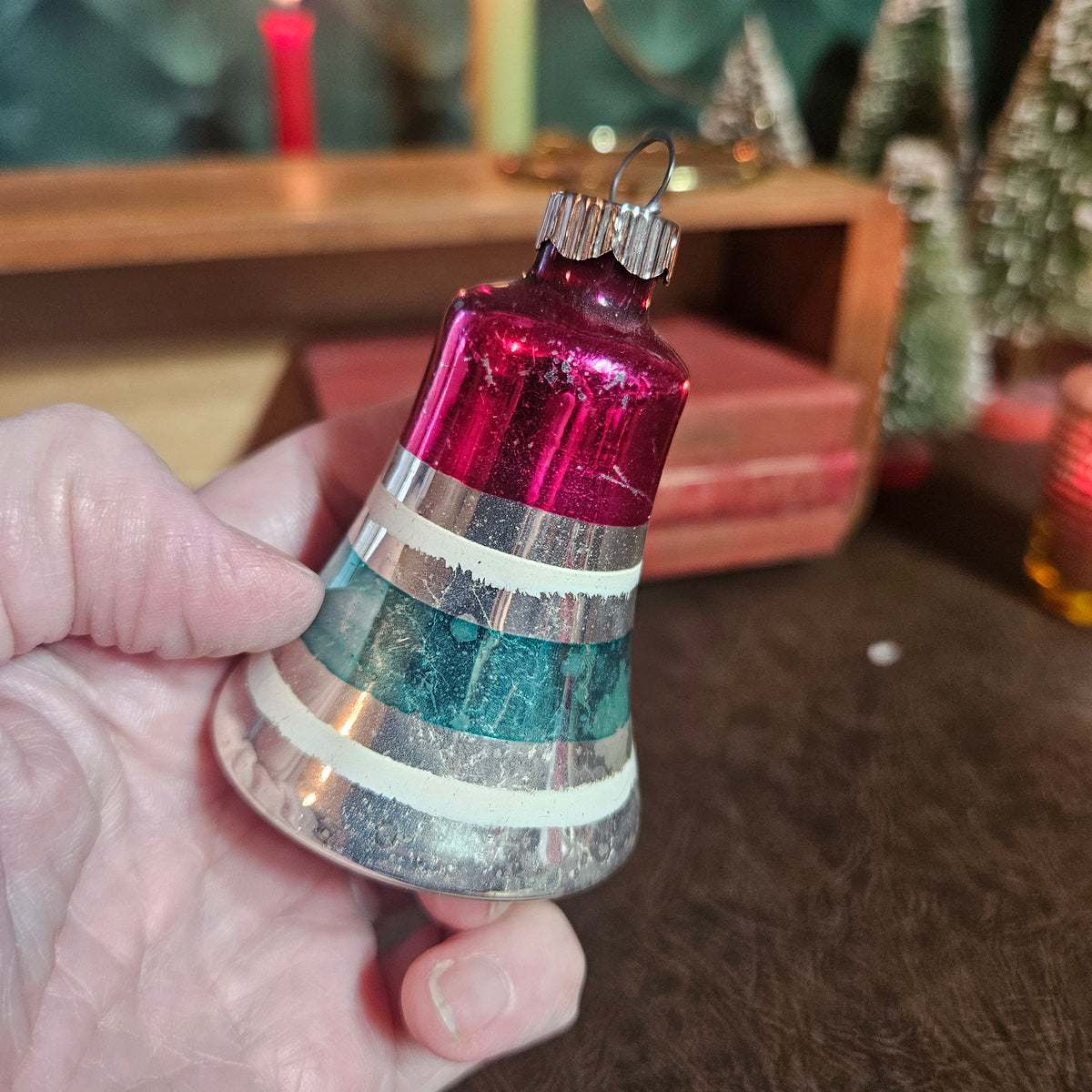 Red and Teal Striped Glass Bell Ornament