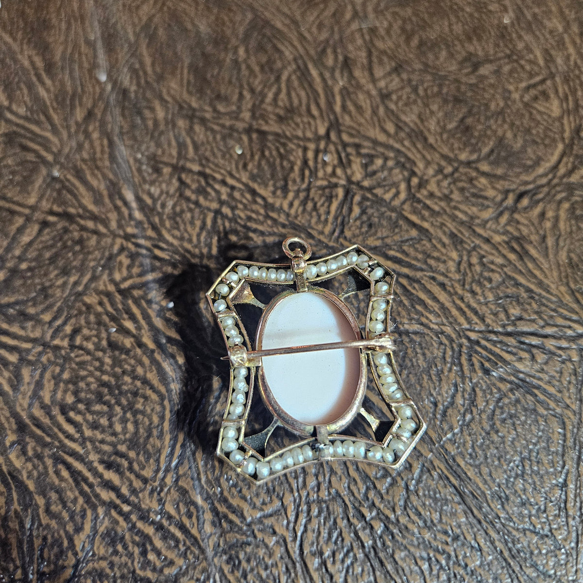 Vintage Cameo Brooch Pendant with Seed Pearl Accents