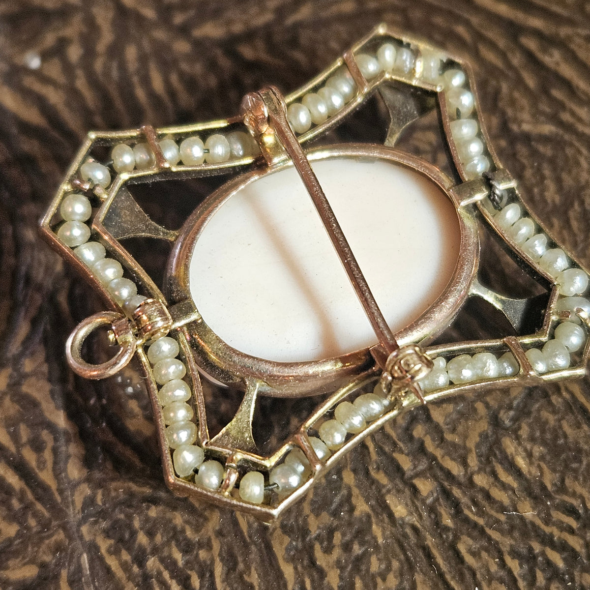 Vintage Cameo Brooch Pendant with Seed Pearl Accents