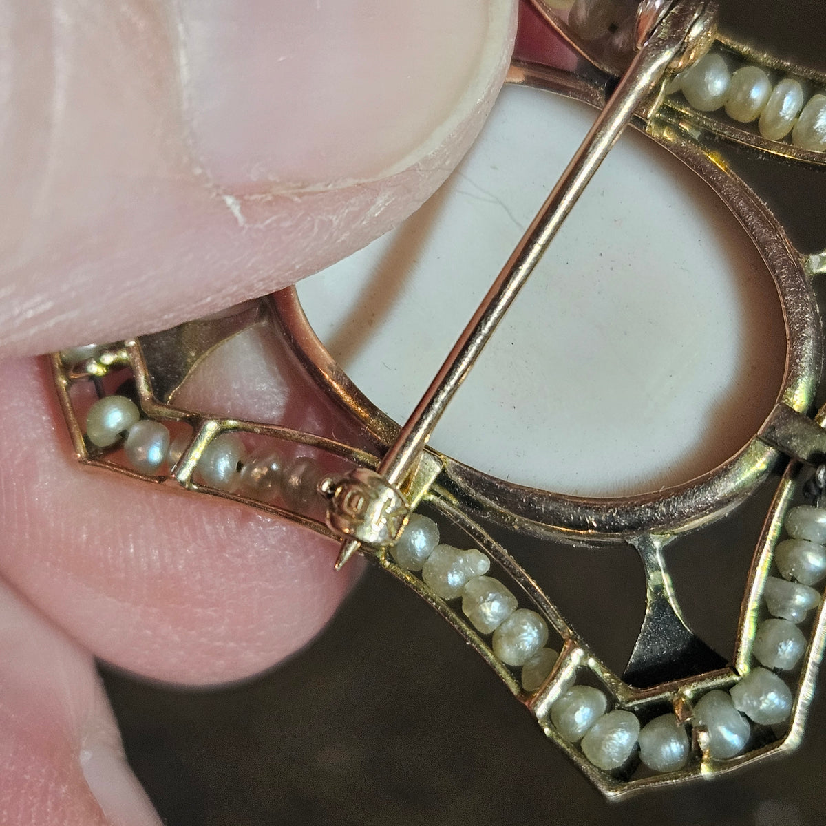 Vintage Cameo Brooch Pendant with Seed Pearl Accents