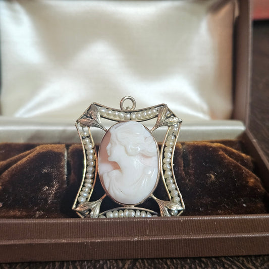 Vintage Cameo Brooch Pendant with Seed Pearl Accents