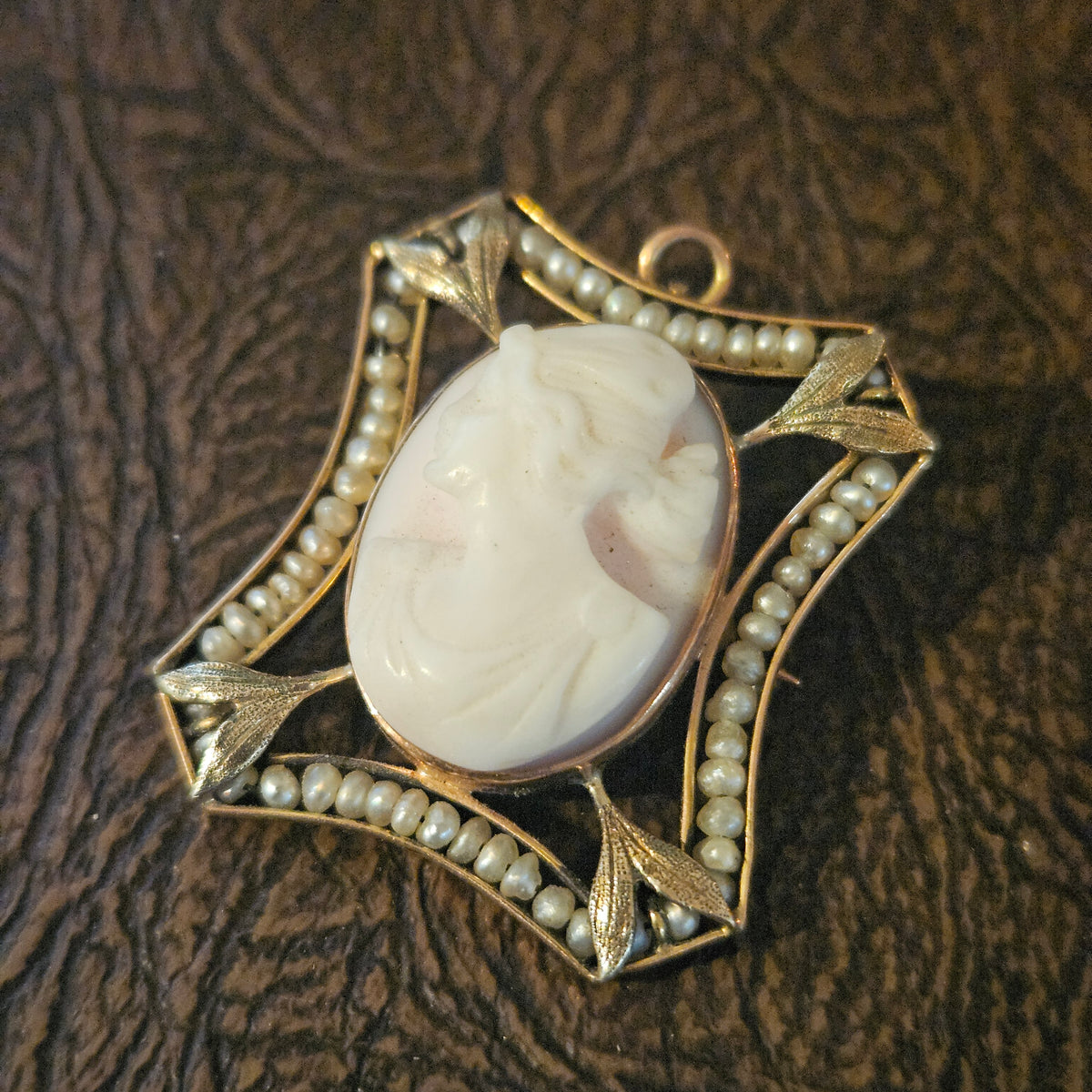 Vintage Cameo Brooch Pendant with Seed Pearl Accents