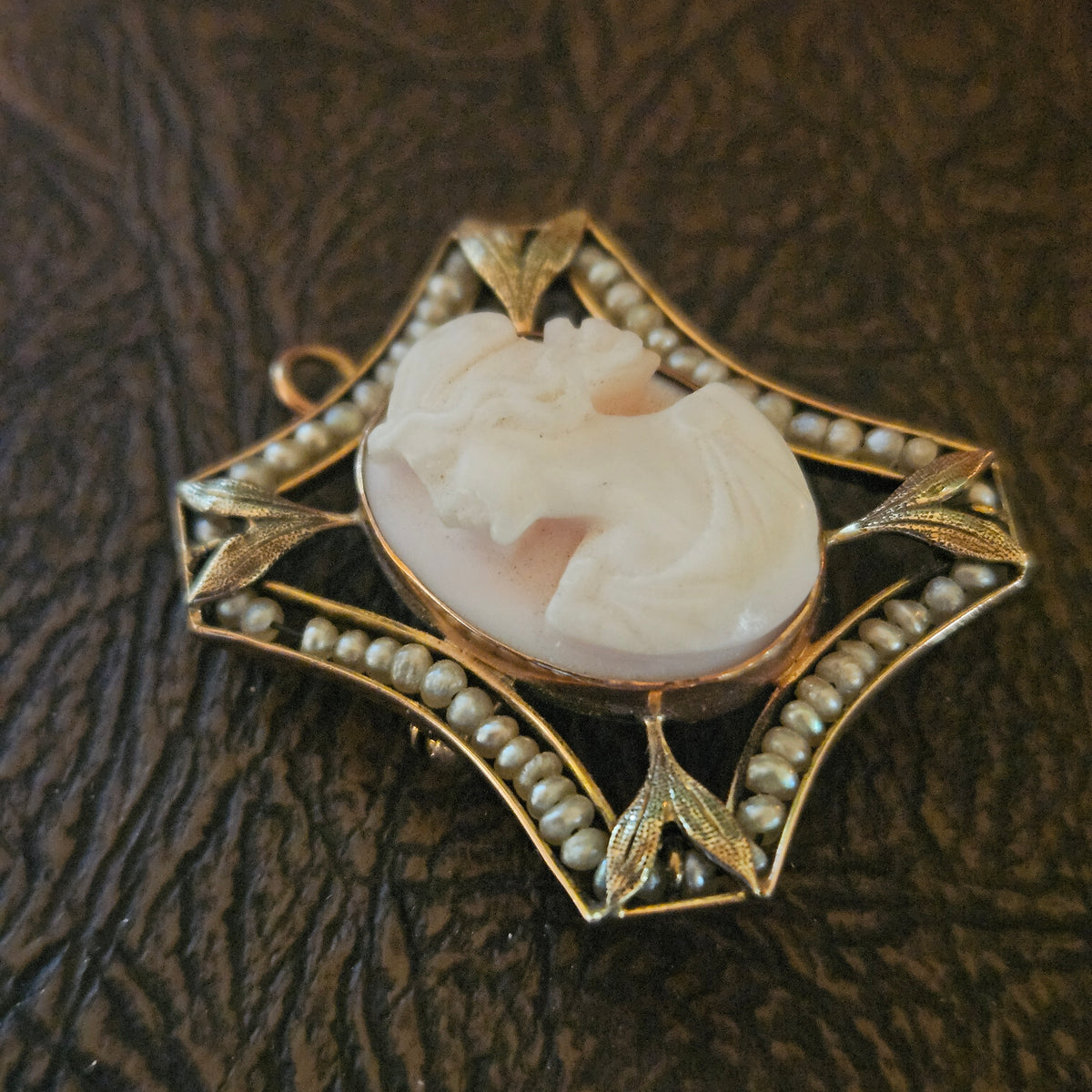 Vintage Cameo Brooch Pendant with Seed Pearl Accents
