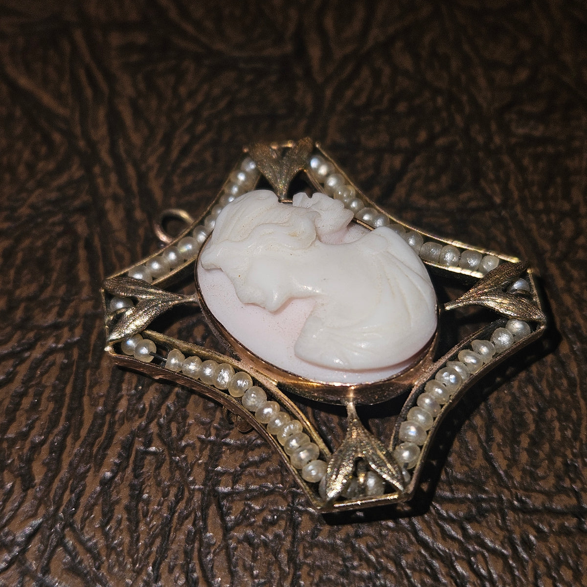 Vintage Cameo Brooch Pendant with Seed Pearl Accents
