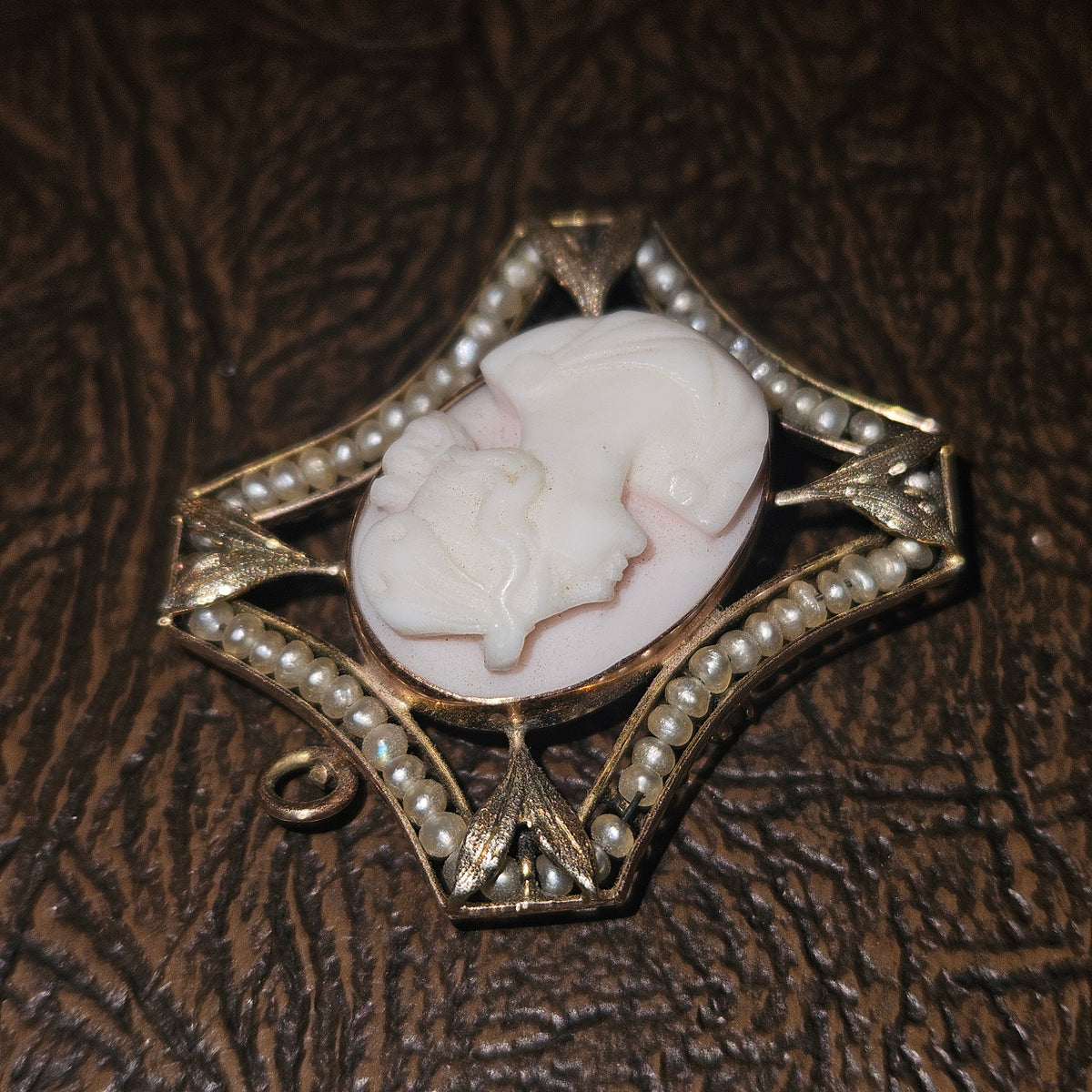 Vintage Cameo Brooch Pendant with Seed Pearl Accents