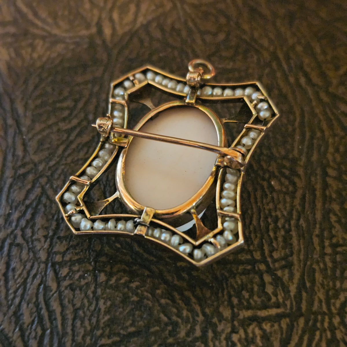 Vintage Cameo Brooch Pendant with Seed Pearl Accents