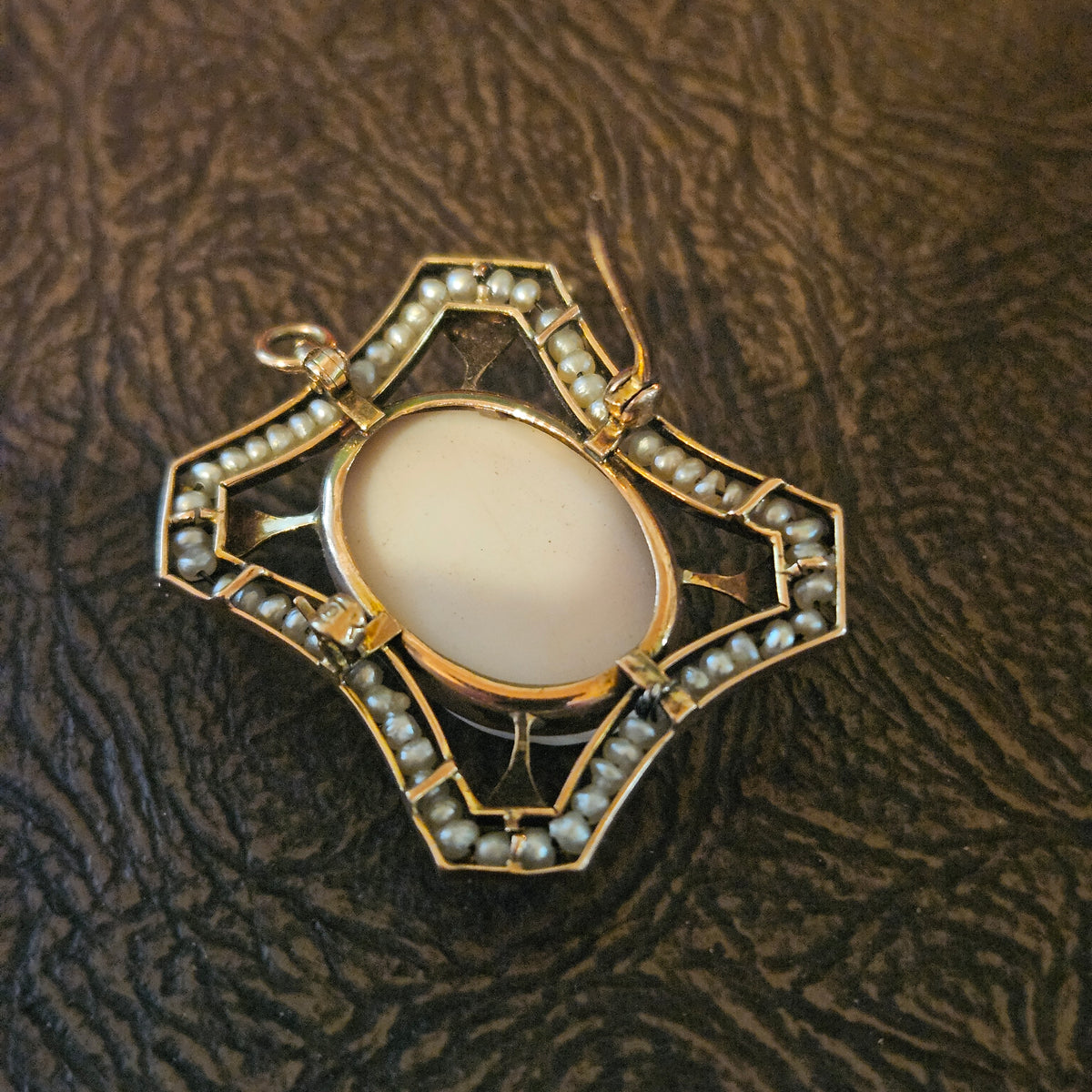 Vintage Cameo Brooch Pendant with Seed Pearl Accents