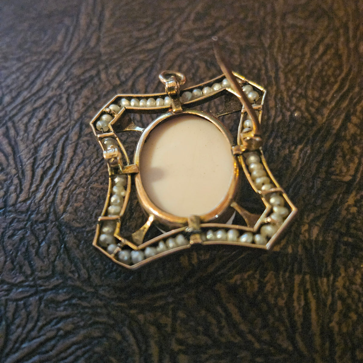 Vintage Cameo Brooch Pendant with Seed Pearl Accents