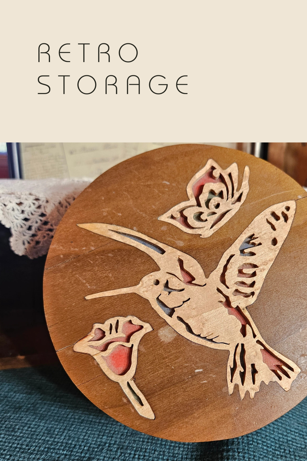 Vintage Wooden Jewelry Box Carved Bird Lid Red Interior