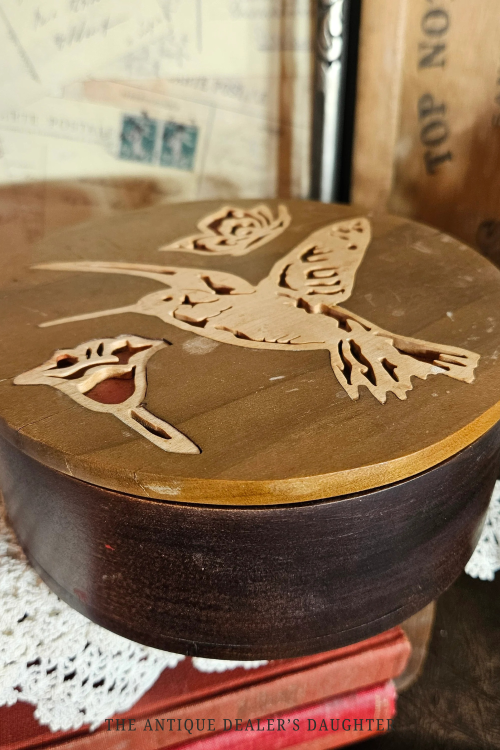 Vintage Wooden Jewelry Box Carved Bird Lid Red Interior