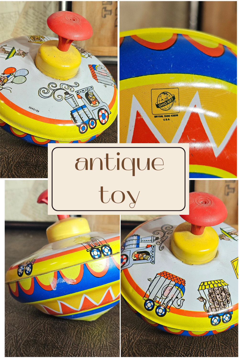 Vintage Ohio Art Tin Spinning Top Train Circus Graphics