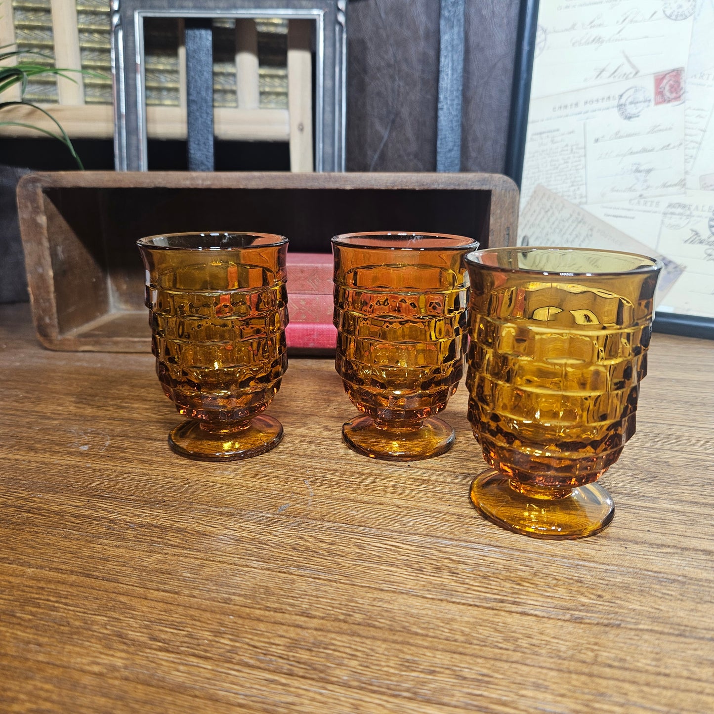 Three amber glass tumblers from 1970s