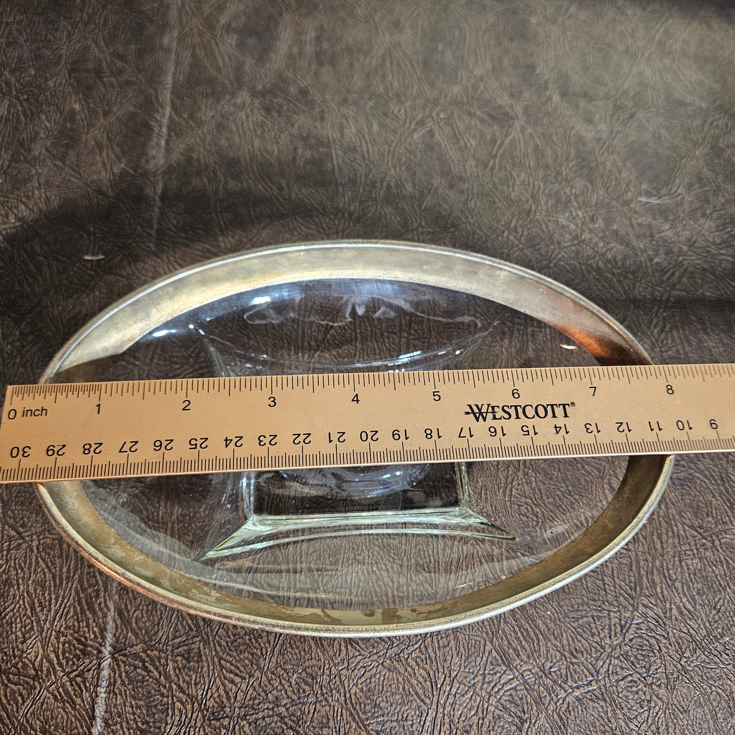 Clear glass dish with brass trim and vintage style 8"