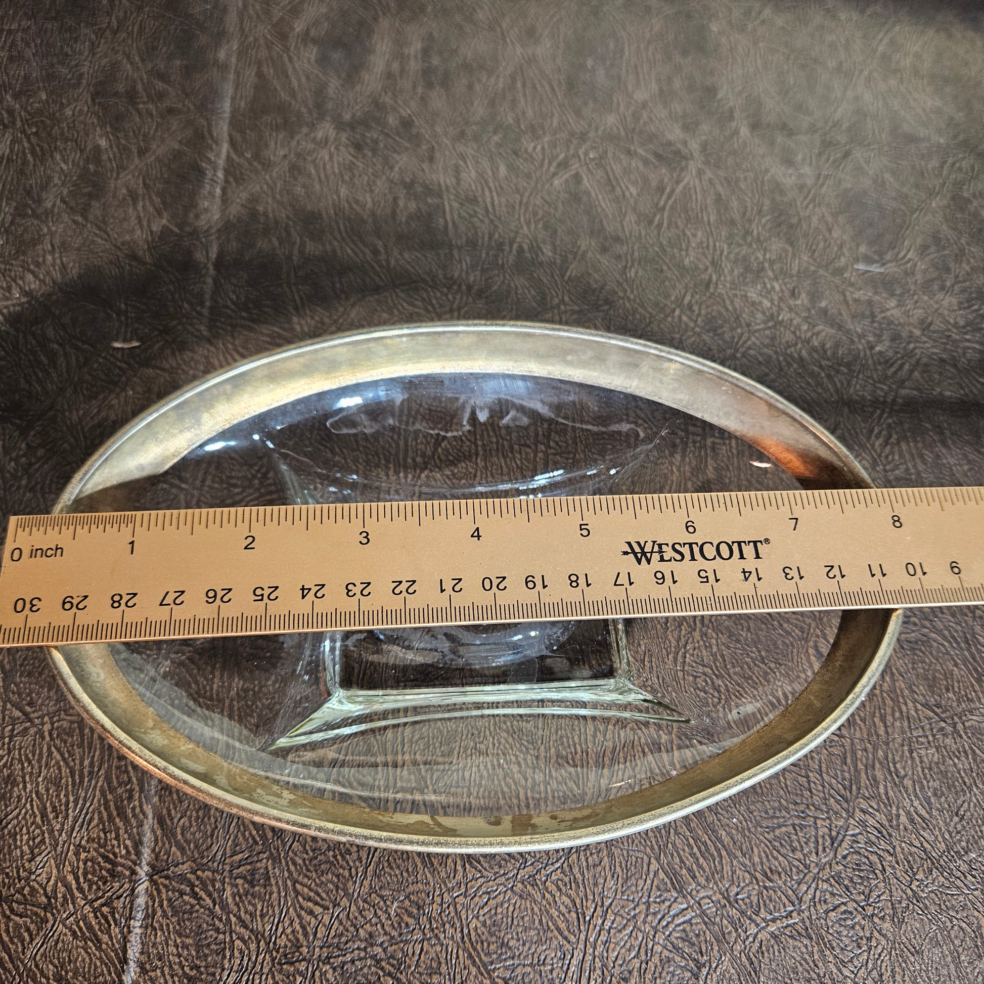 Clear glass dish with brass trim and vintage style 8"