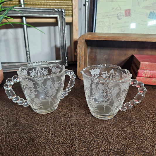 Clear glass tea service set with elegant etched design "Cherokee Rose"  design