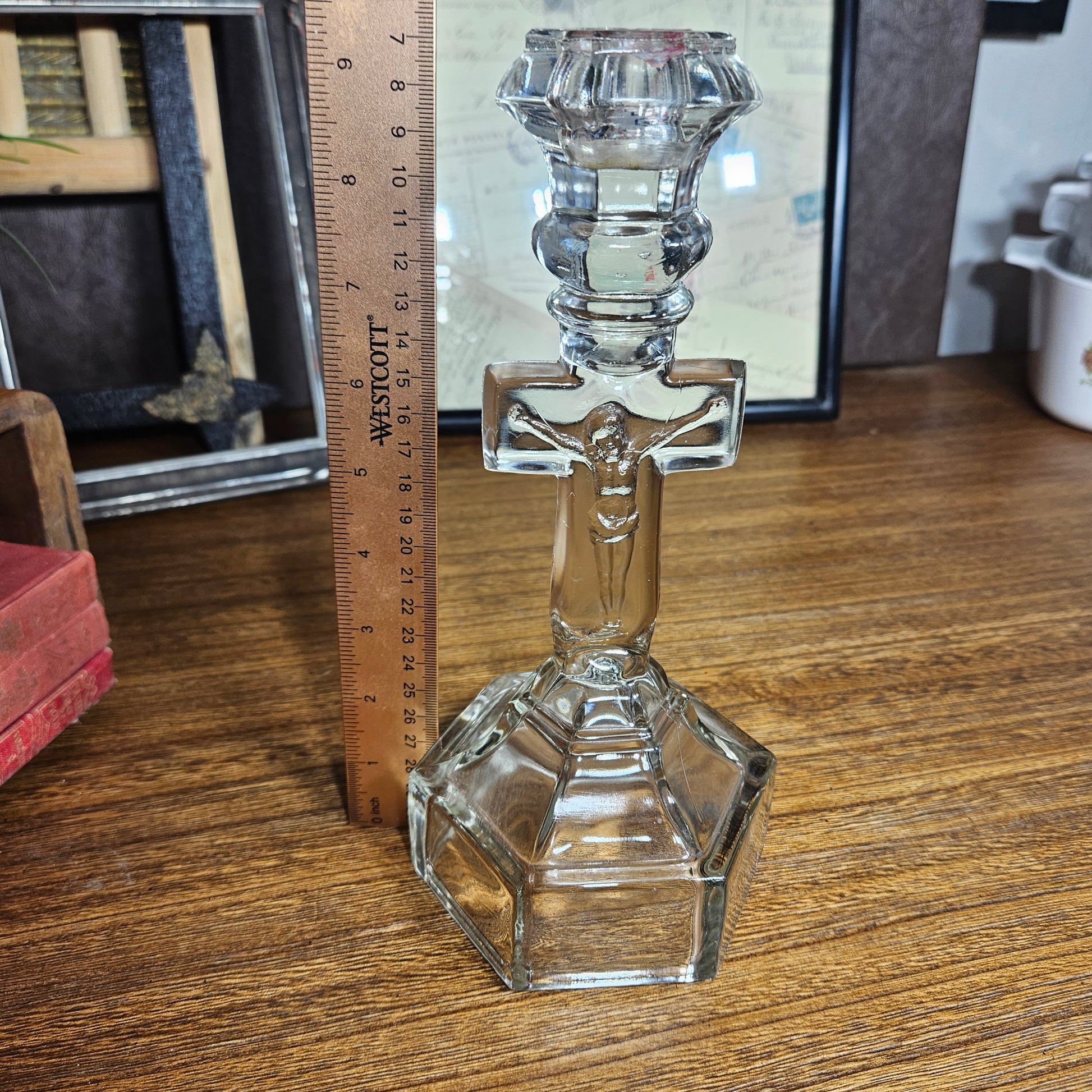 vintage glass crucifix candle holder clear
