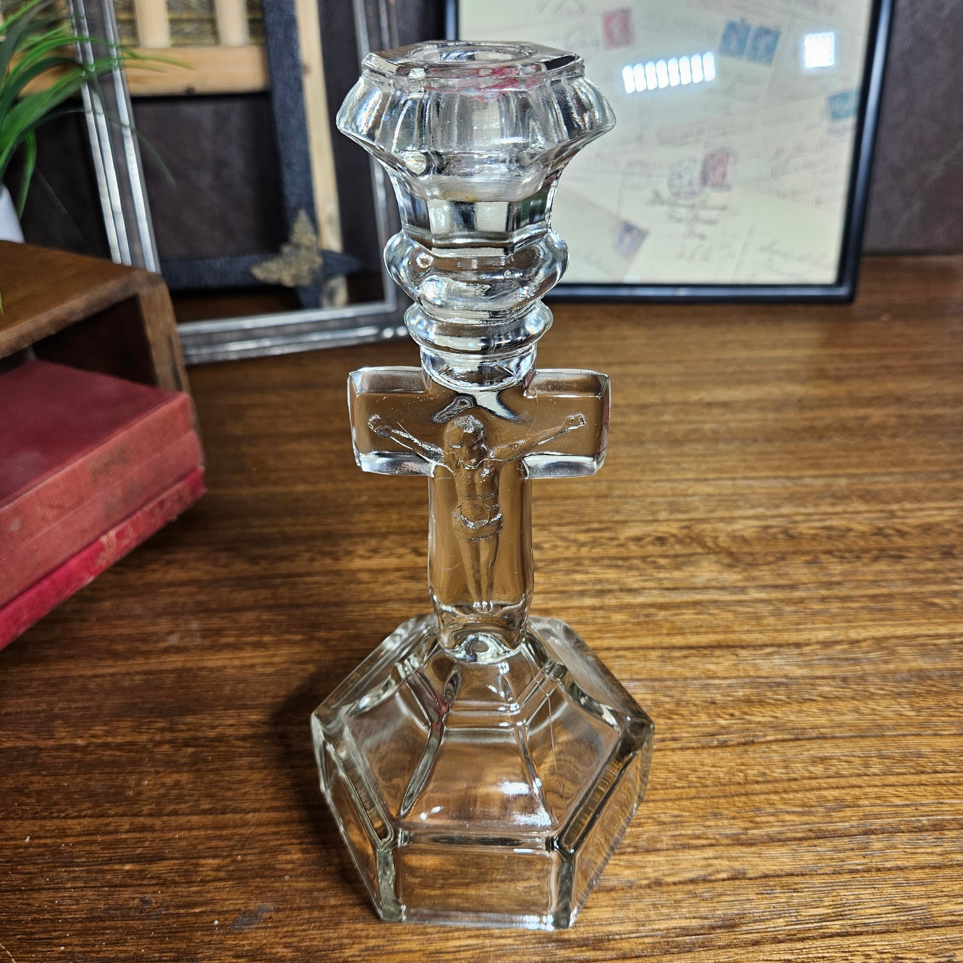 vintage glass crucifix candle holder clear