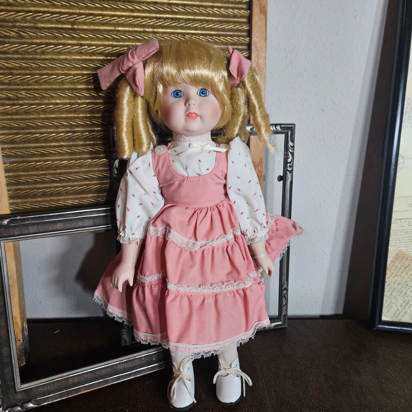 Vintage doll in a pink dress Dynasty Doll Gerri wearing pink lace dress
