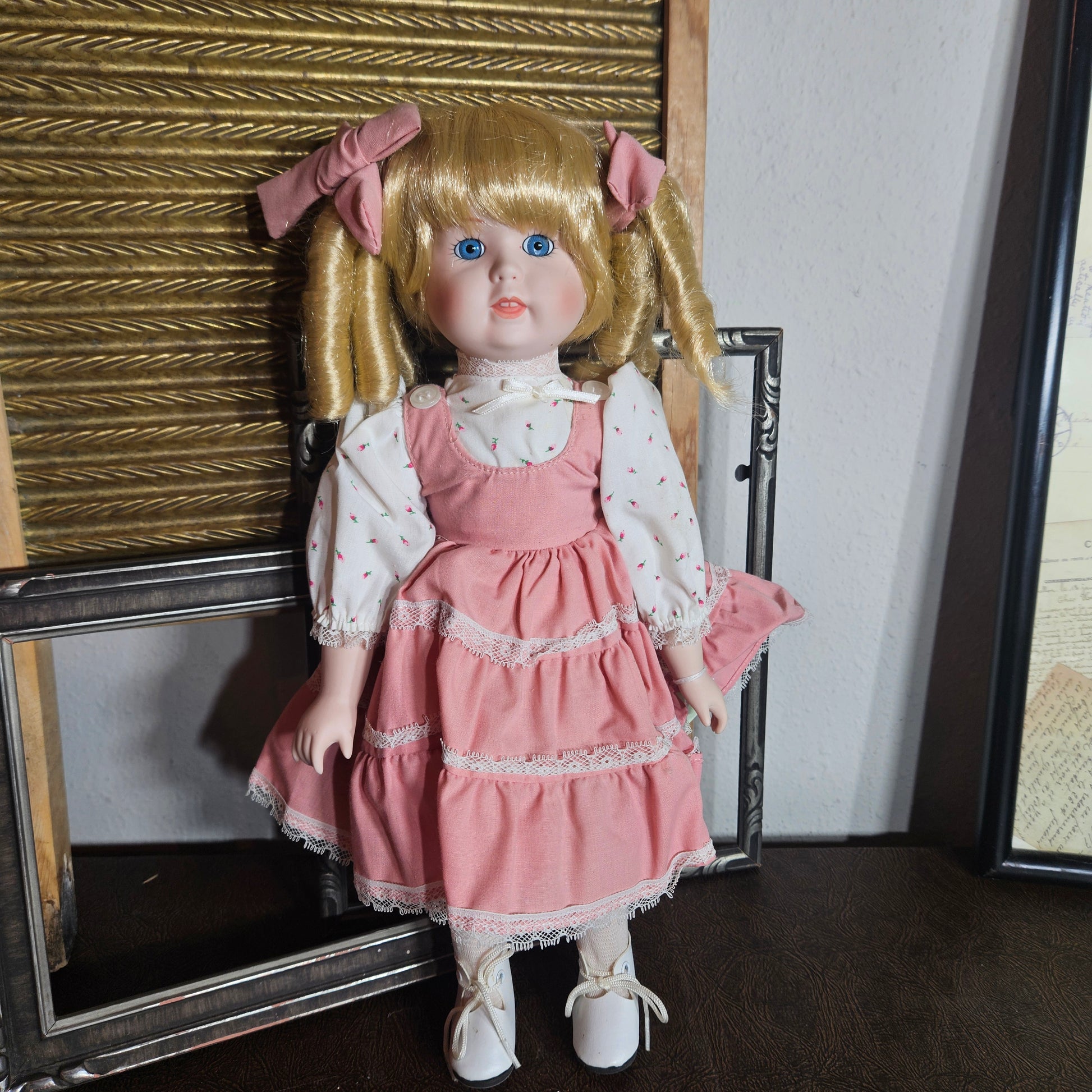 Vintage doll in a pink dress Dynasty Doll Gerri wearing pink lace dress
