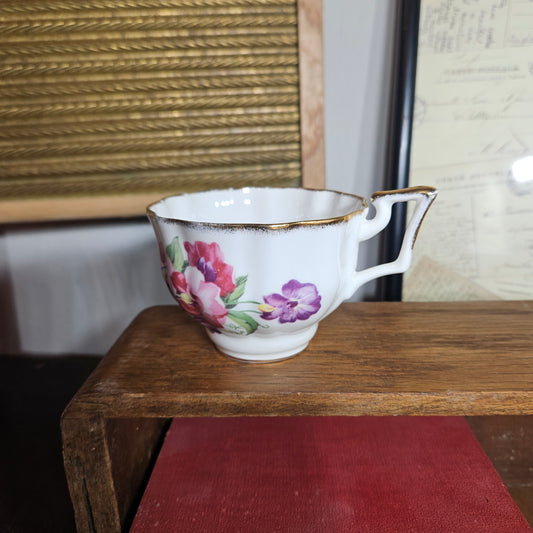 Foley bone china floral teacup with gold trim side angle