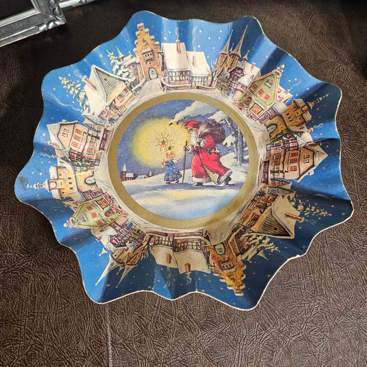 Vintage German Christmas tray with Santa in center scene