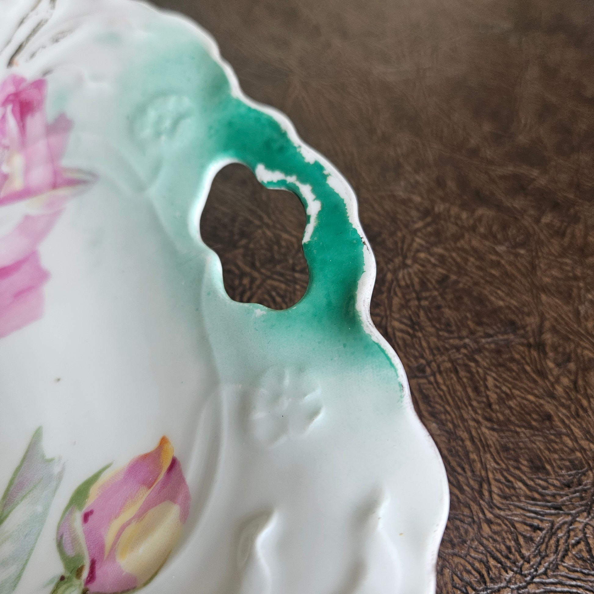 Vintage porcelain serving bowl green rim floral roses handle detail