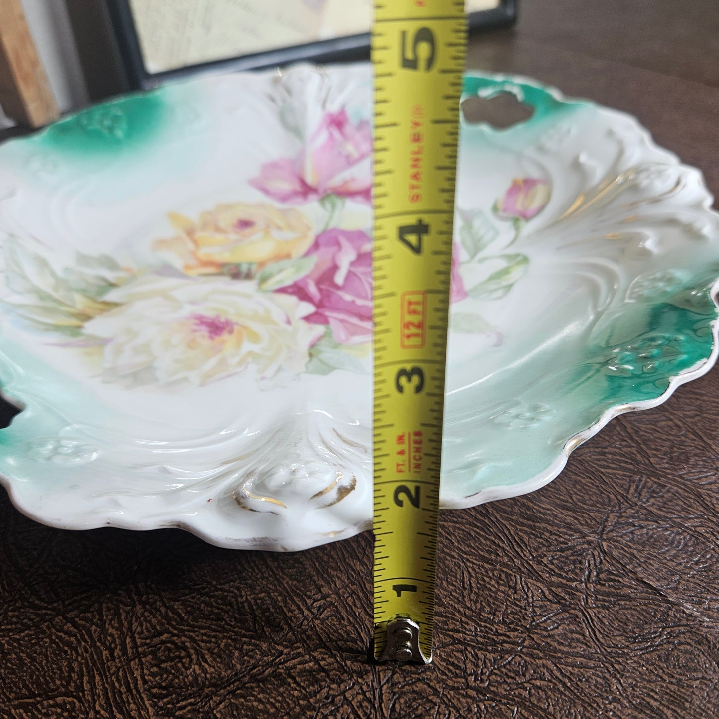 Vintage porcelain serving bowl green rim floral roses height