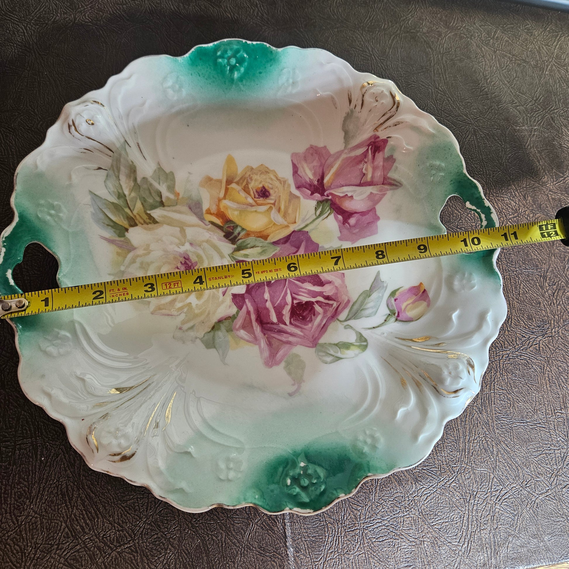 Vintage porcelain serving bowl green rim floral roses eleven 11 inch