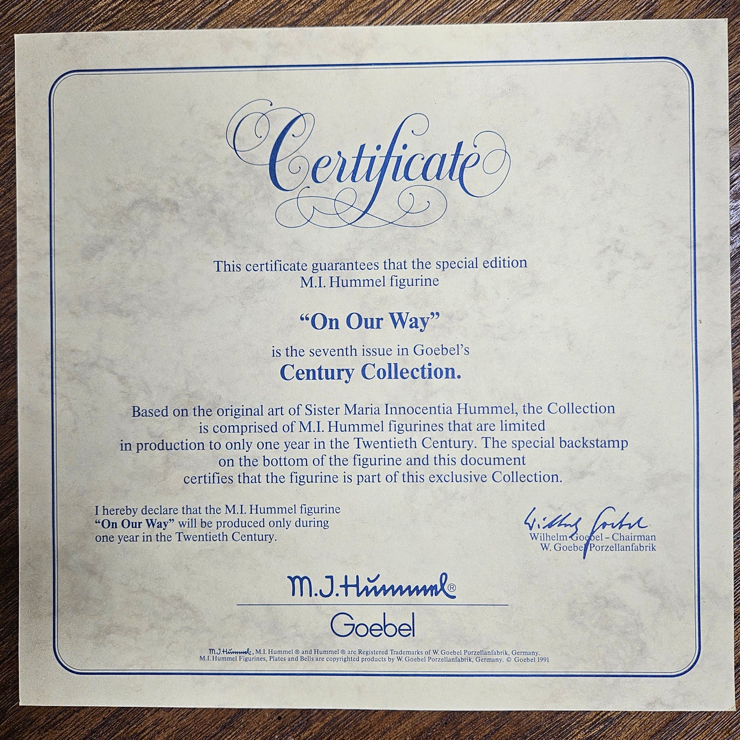 M I Hummel On Our Way figurine 1992 collectible certificate in english