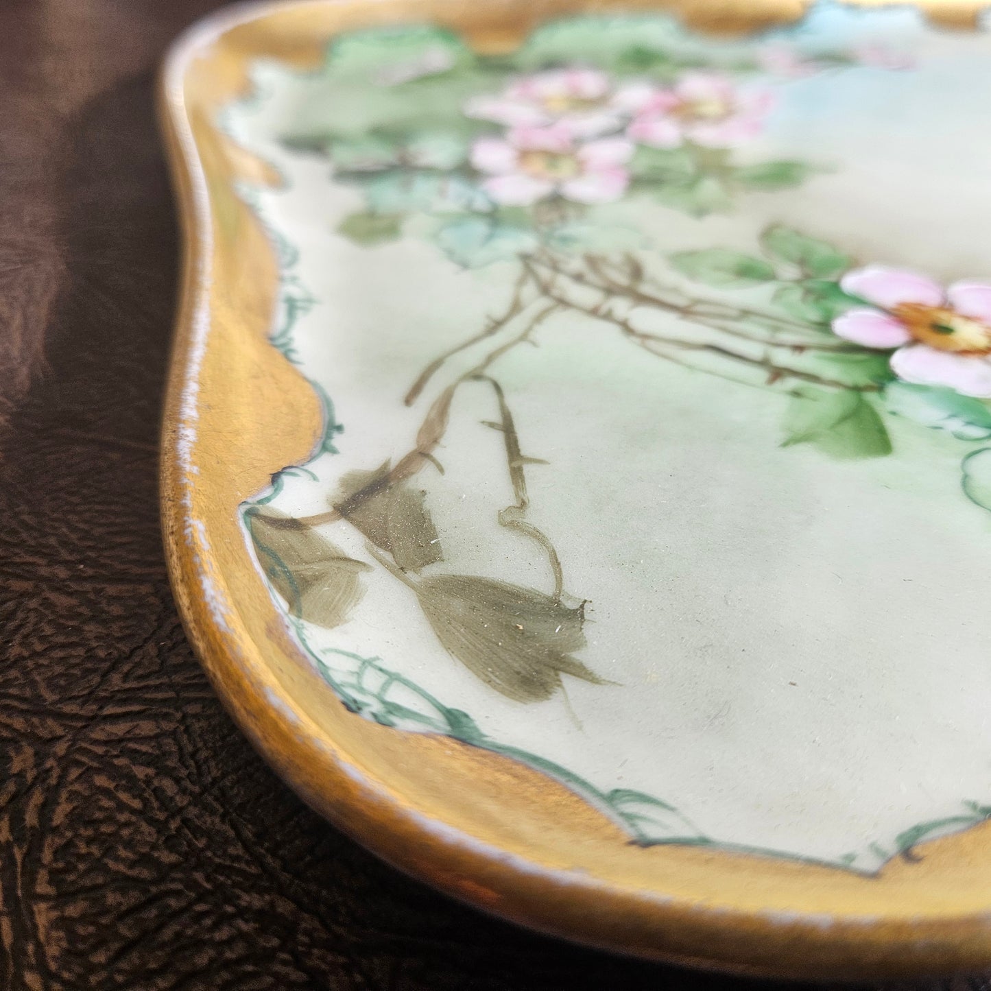 Antique Limoges porcelain tray floral gold trim edge detail