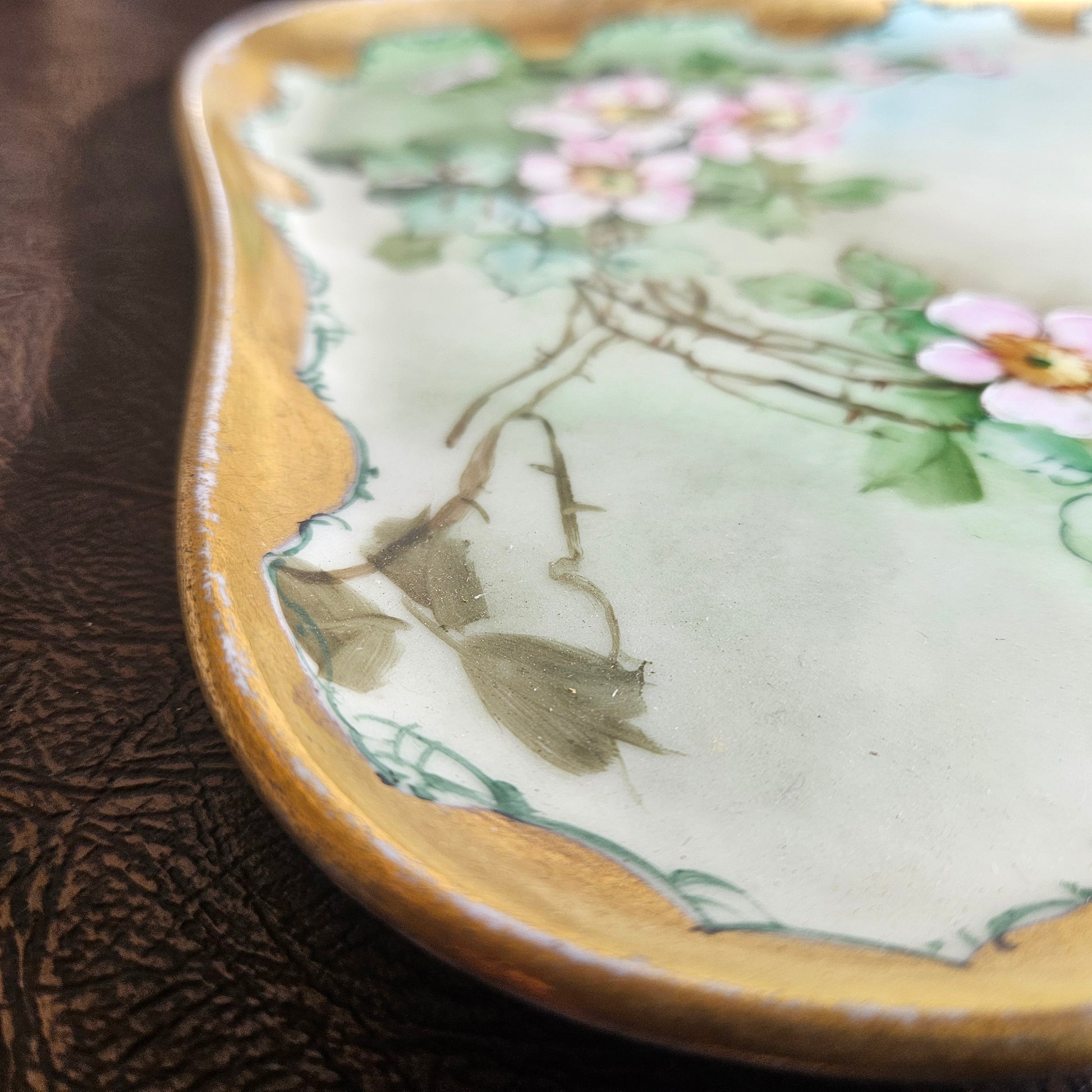 Antique Limoges porcelain tray floral gold trim edge detail