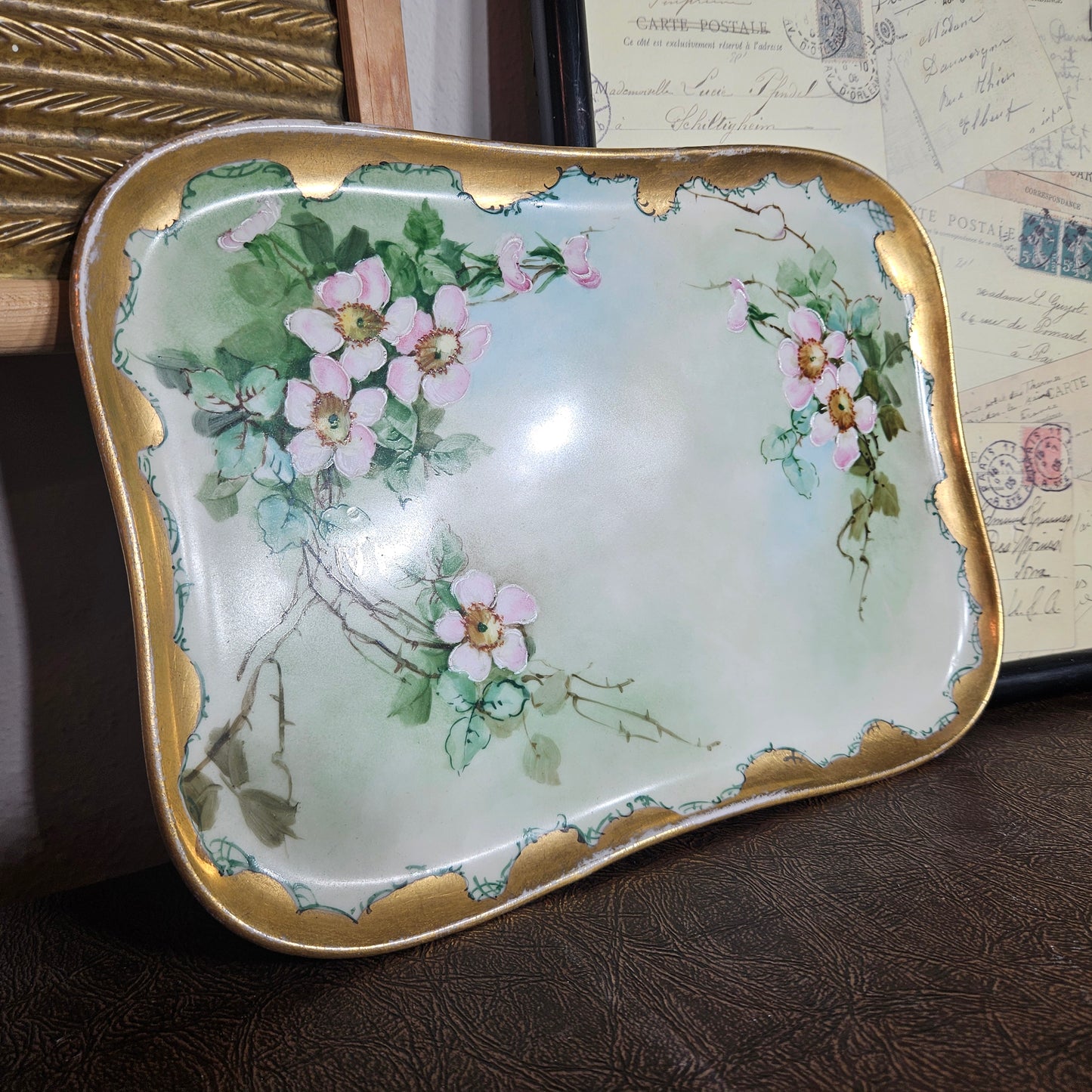 Antique Limoges porcelain tray floral gold trim front view