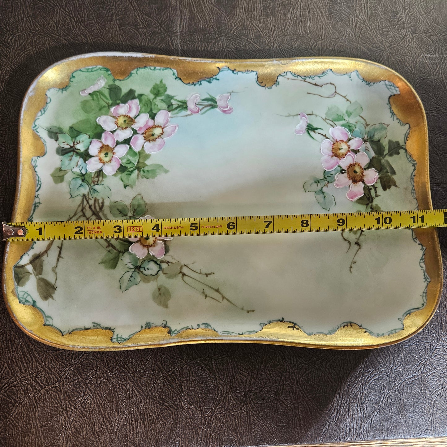 Antique Limoges porcelain tray floral gold trim 11 inch 