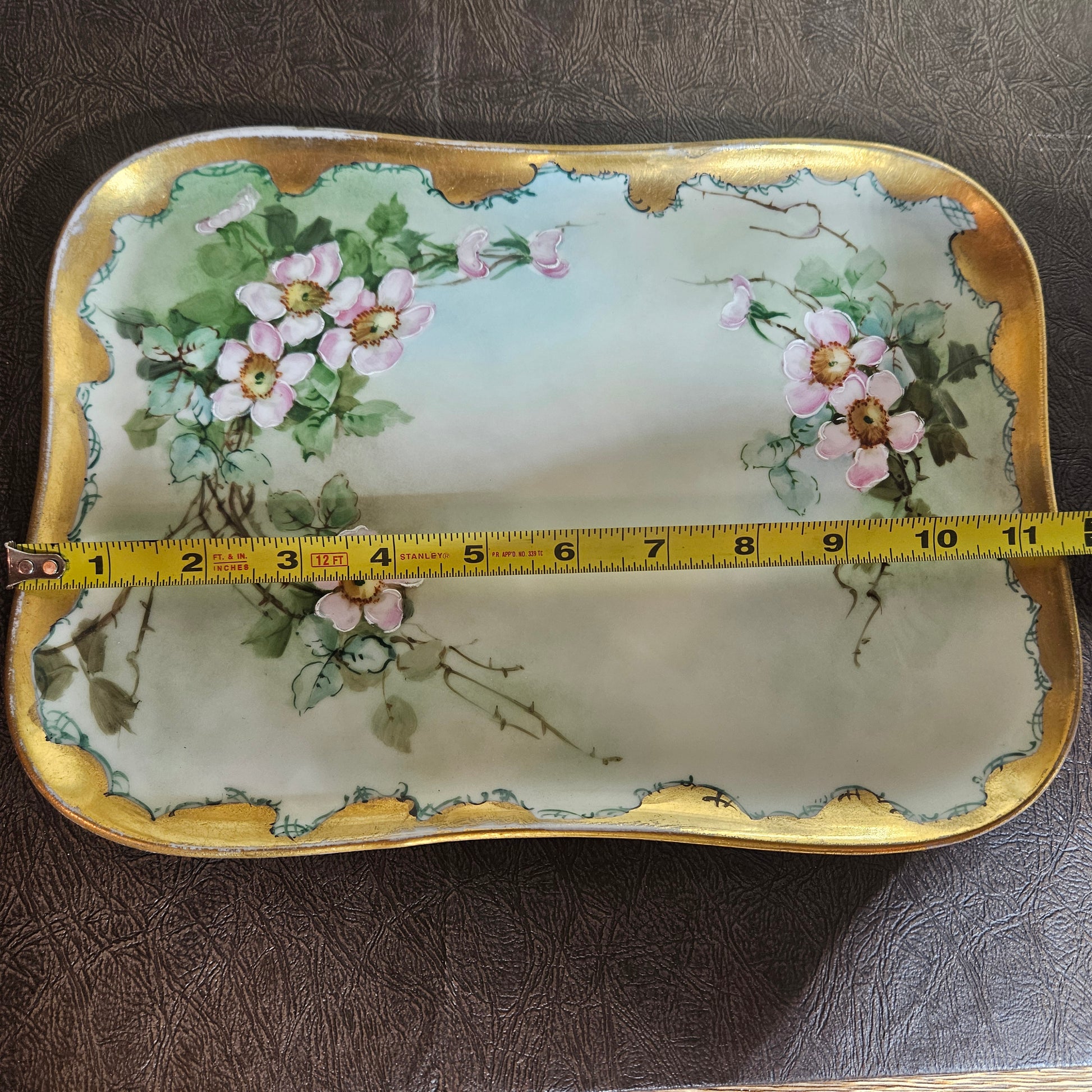 Antique Limoges porcelain tray floral gold trim 11 inch 