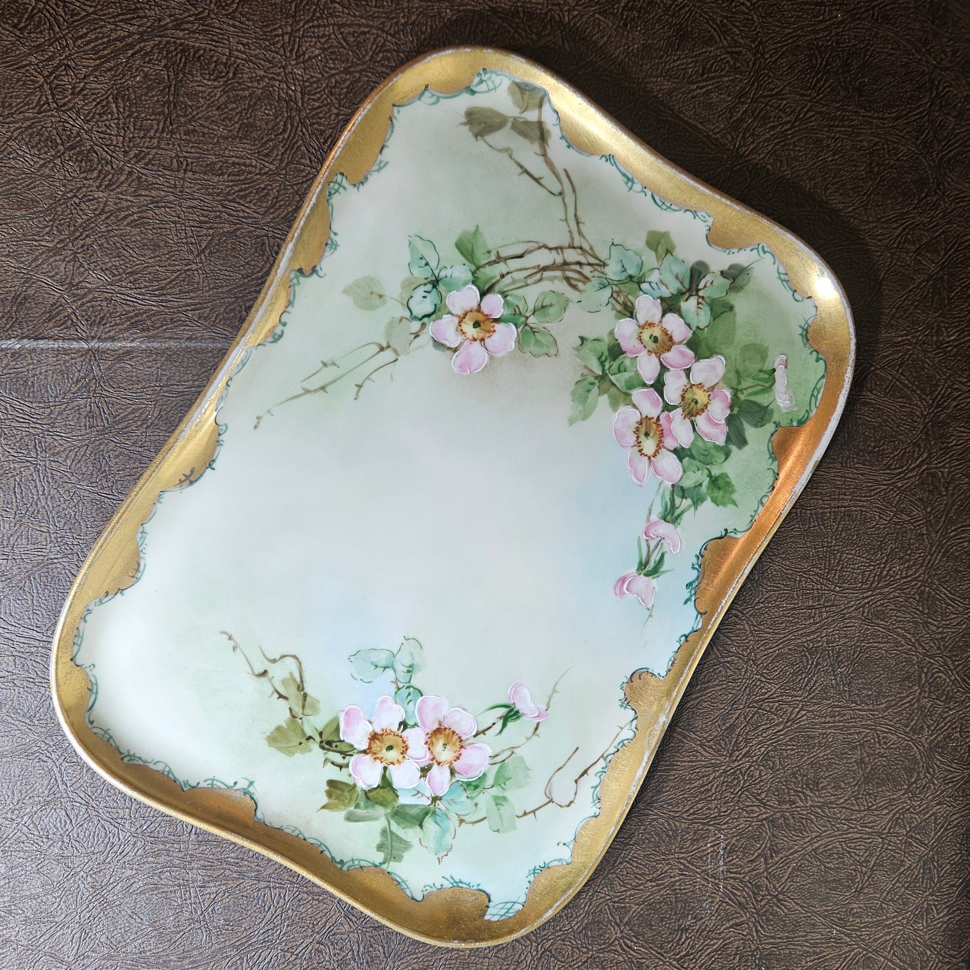 Antique Limoges porcelain tray floral gold trim top view