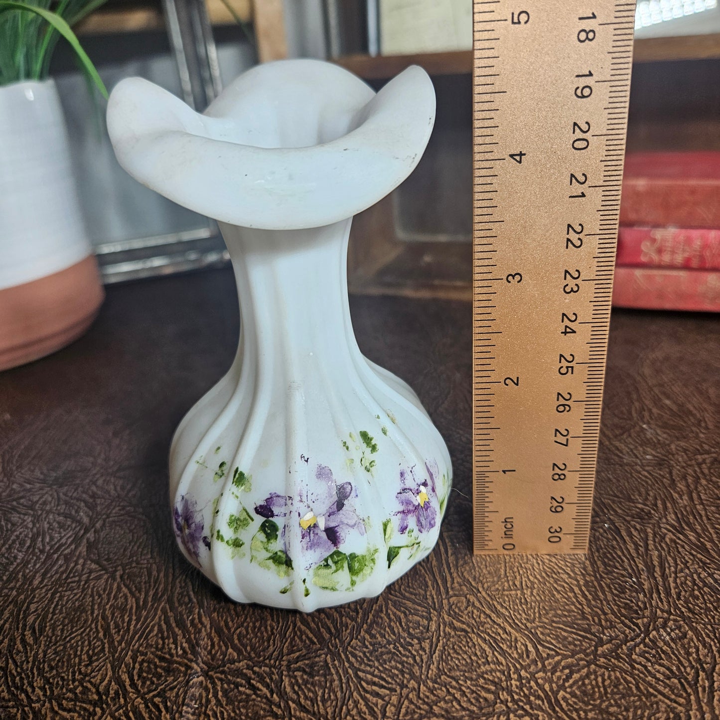 sweet milk glass vase about 4.5 inches tall
