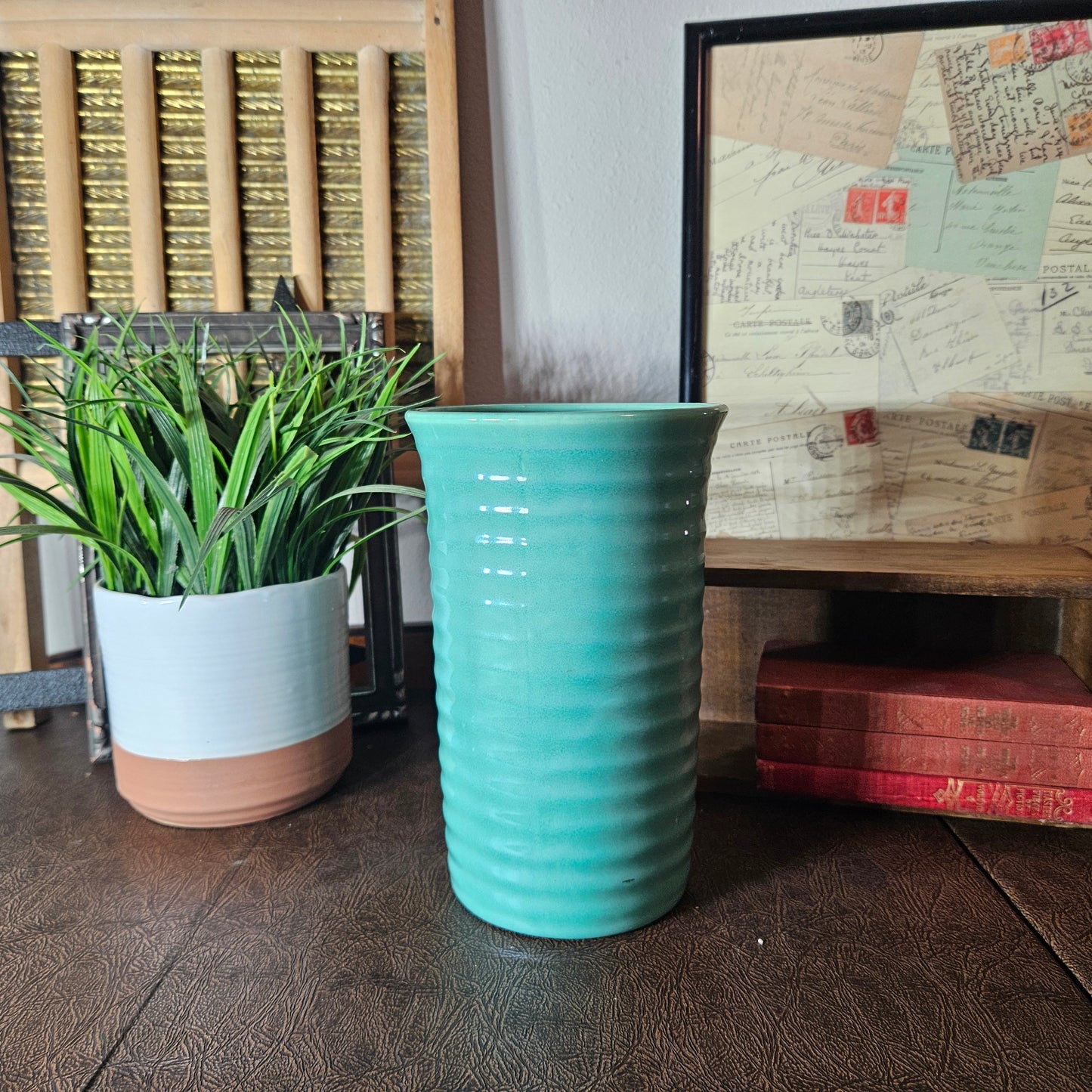 Vintage Turquoise Ribbed Ceramic Vase Mid Century Style