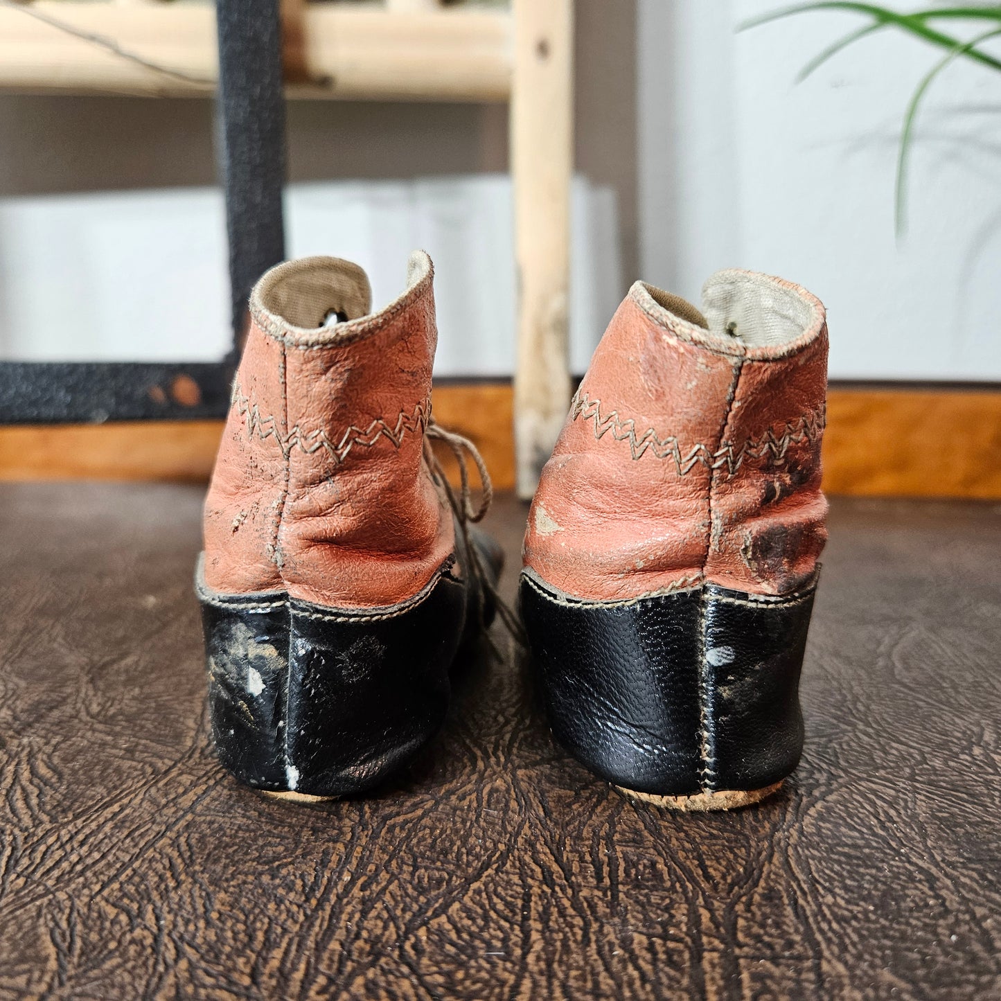 Antique Two Tone Leather Baby Shoes Lace Up Infant Boots