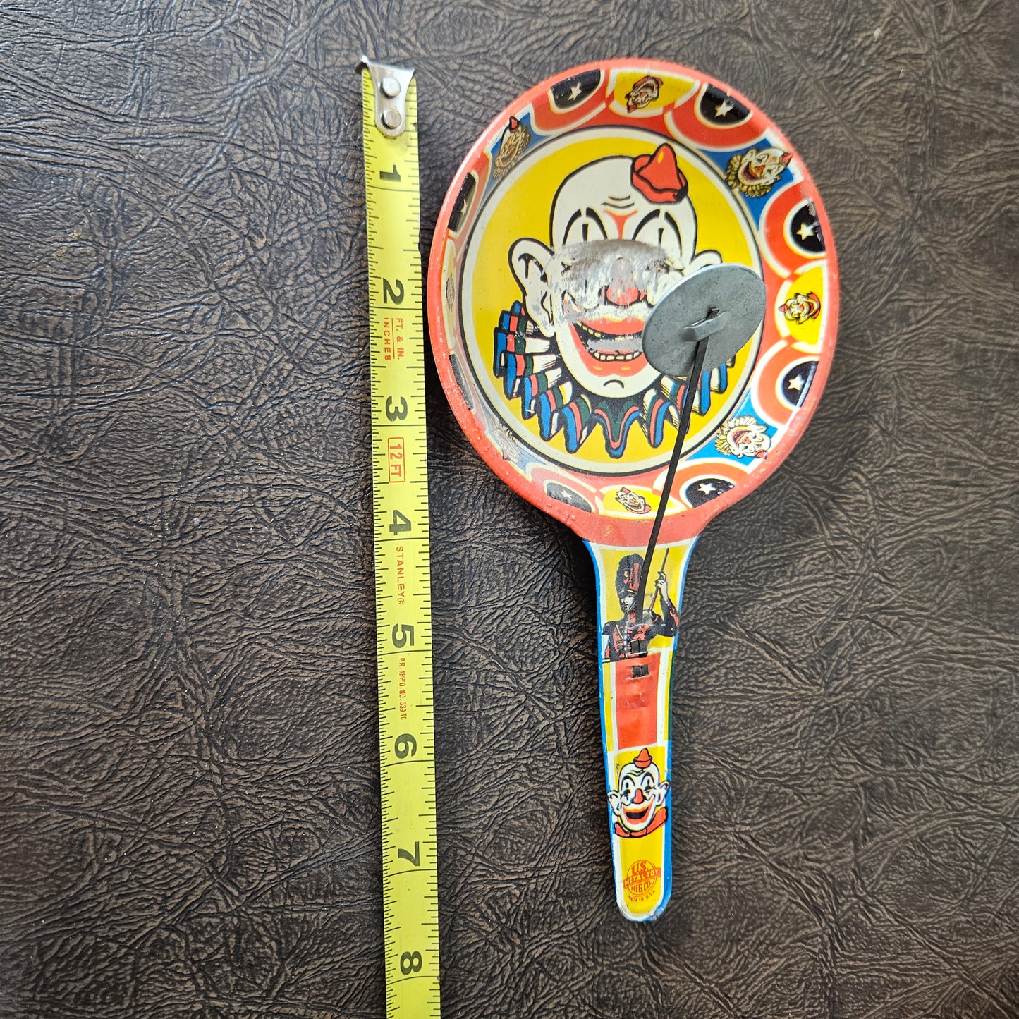 Vintage Tin Clown Paddle Ball Toy Lithograph Game