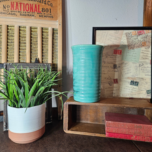 Vintage Turquoise Ribbed Ceramic Vase Mid Century Style