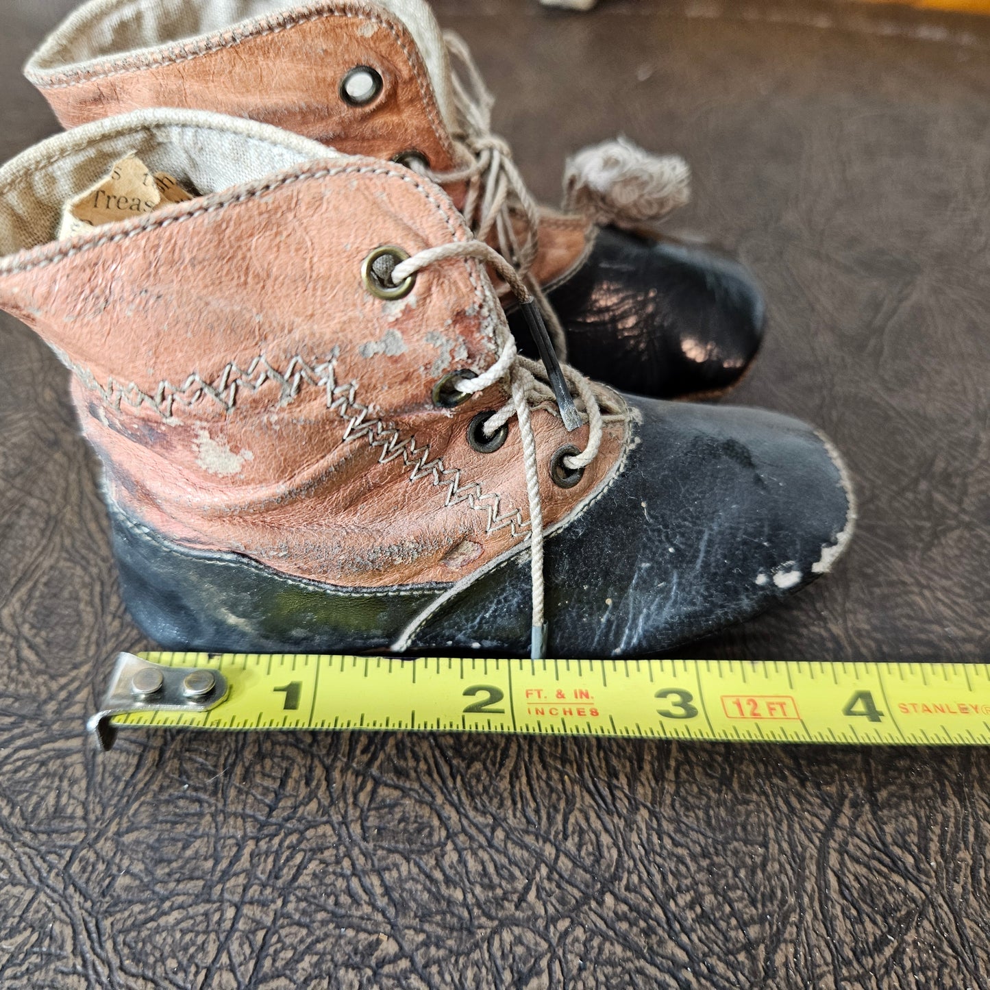 Antique Two Tone Leather Baby Shoes Lace Up Infant Boots
