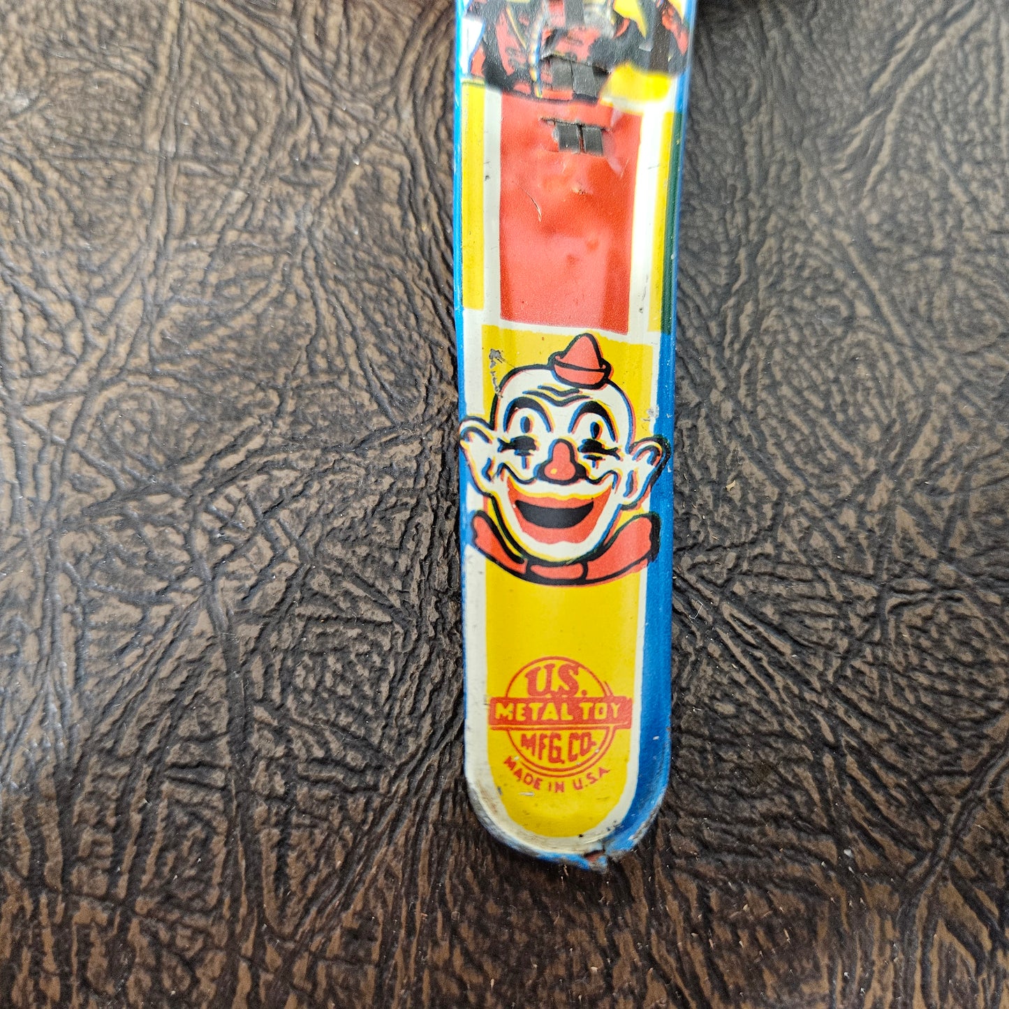 Vintage Tin Clown Paddle Ball Toy Lithograph Game