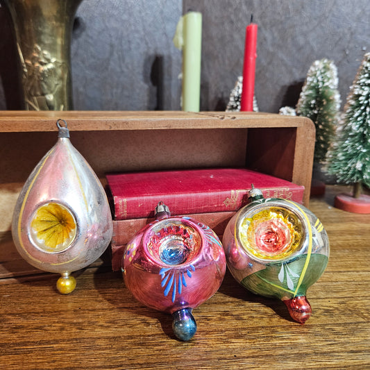 Set of 3 Vintage Reflector Glass Christmas Ornaments