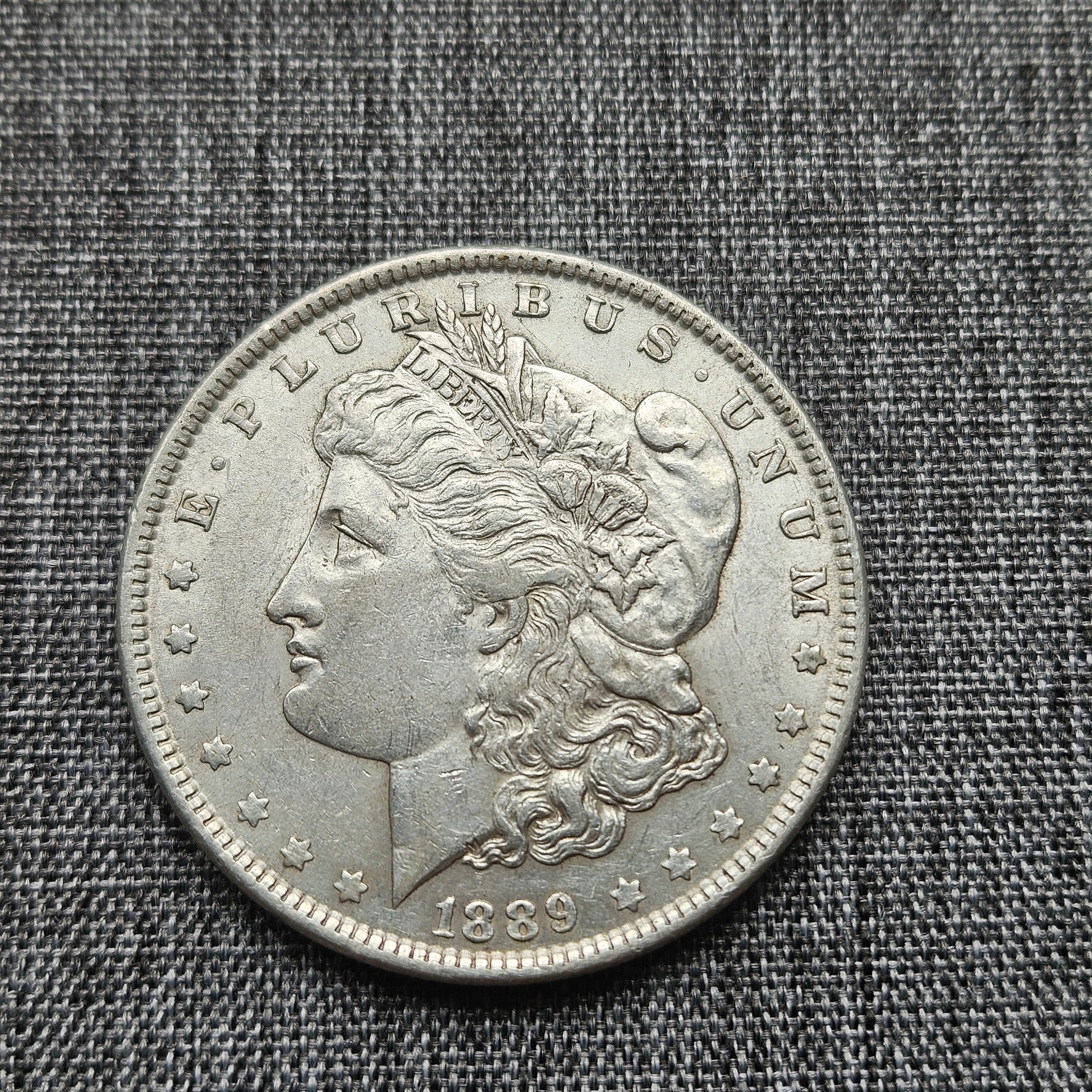 Silver coin with a profile of a woman and 'E Pluribus Unum' text on a textured gray background