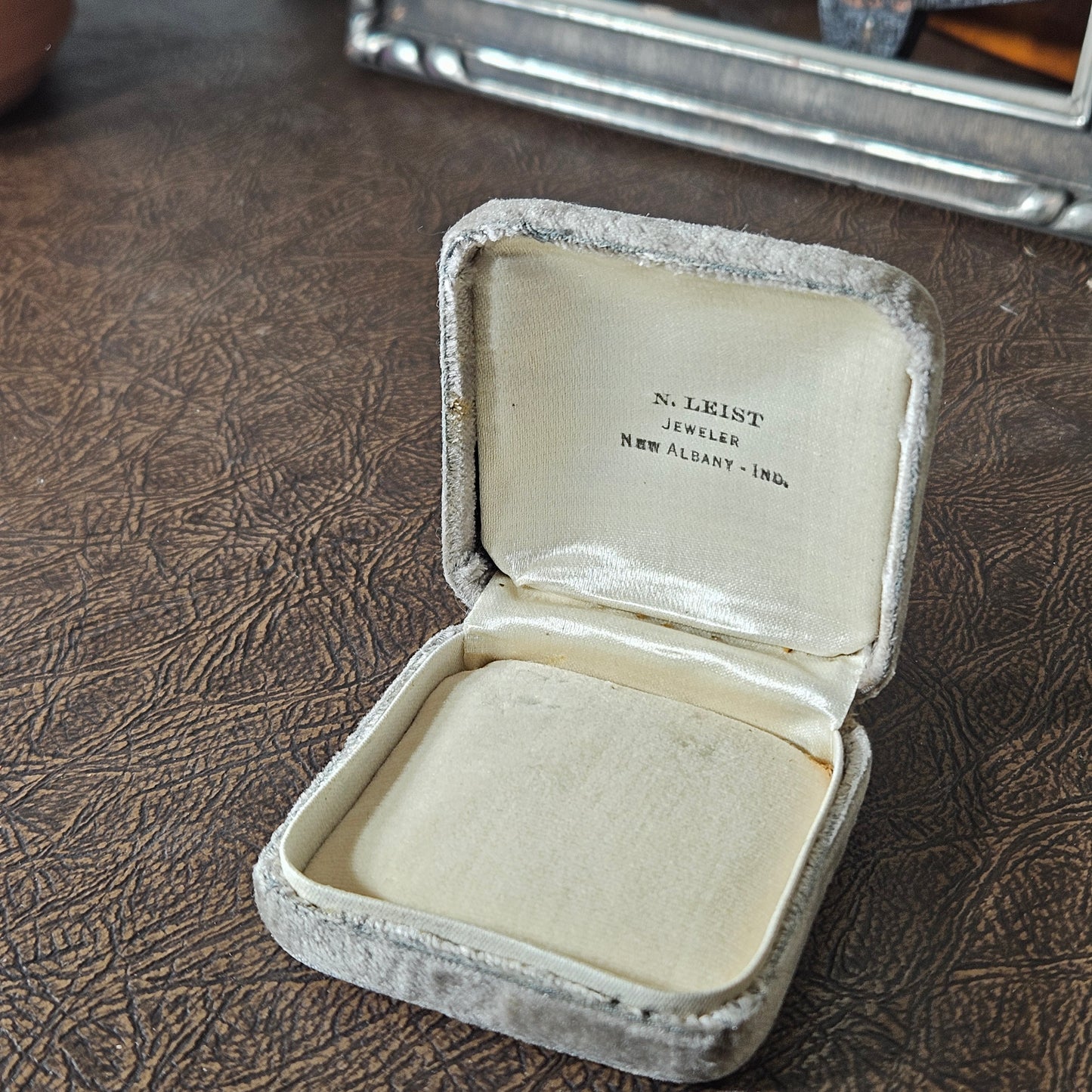 Vintage Silver Gray Velvet Jewelry Box N. Leist New Albany Indiana